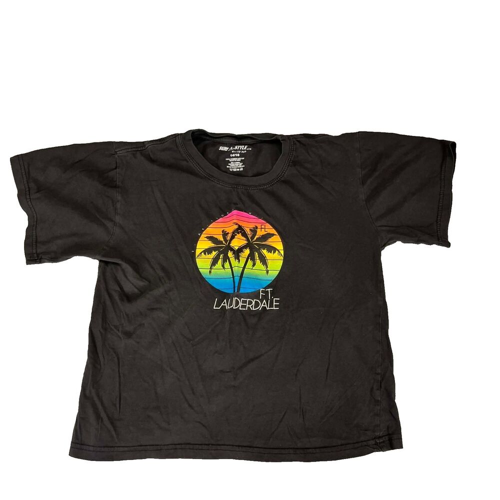 Surf Style Shirt Boys 14/16 Black Ft Lauderdale Palm Tree Sunset Graphic Tee Cot